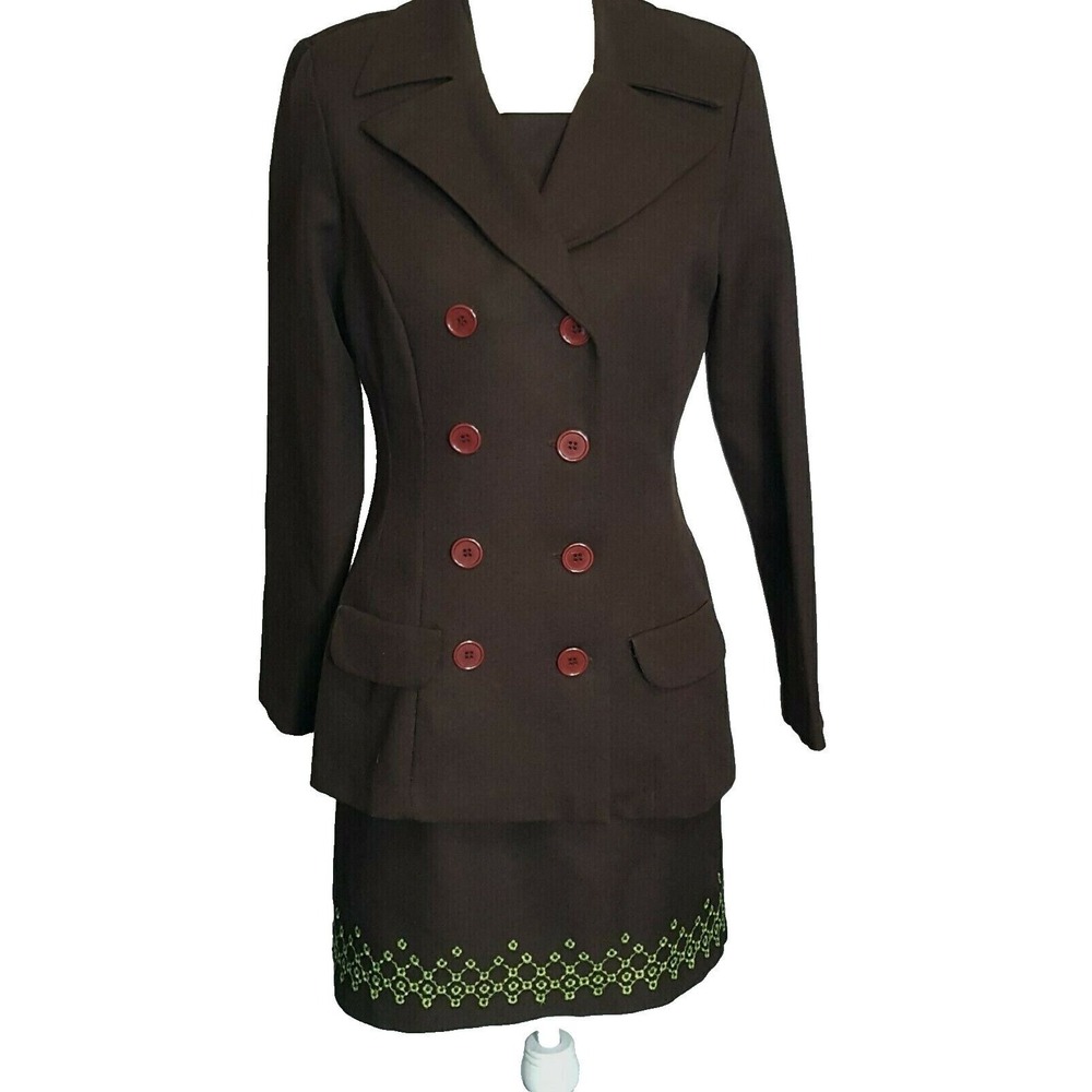 Ecru Jacket Dress Set Size 9 10 Double Breasted Button Brown Double Knit Vintage